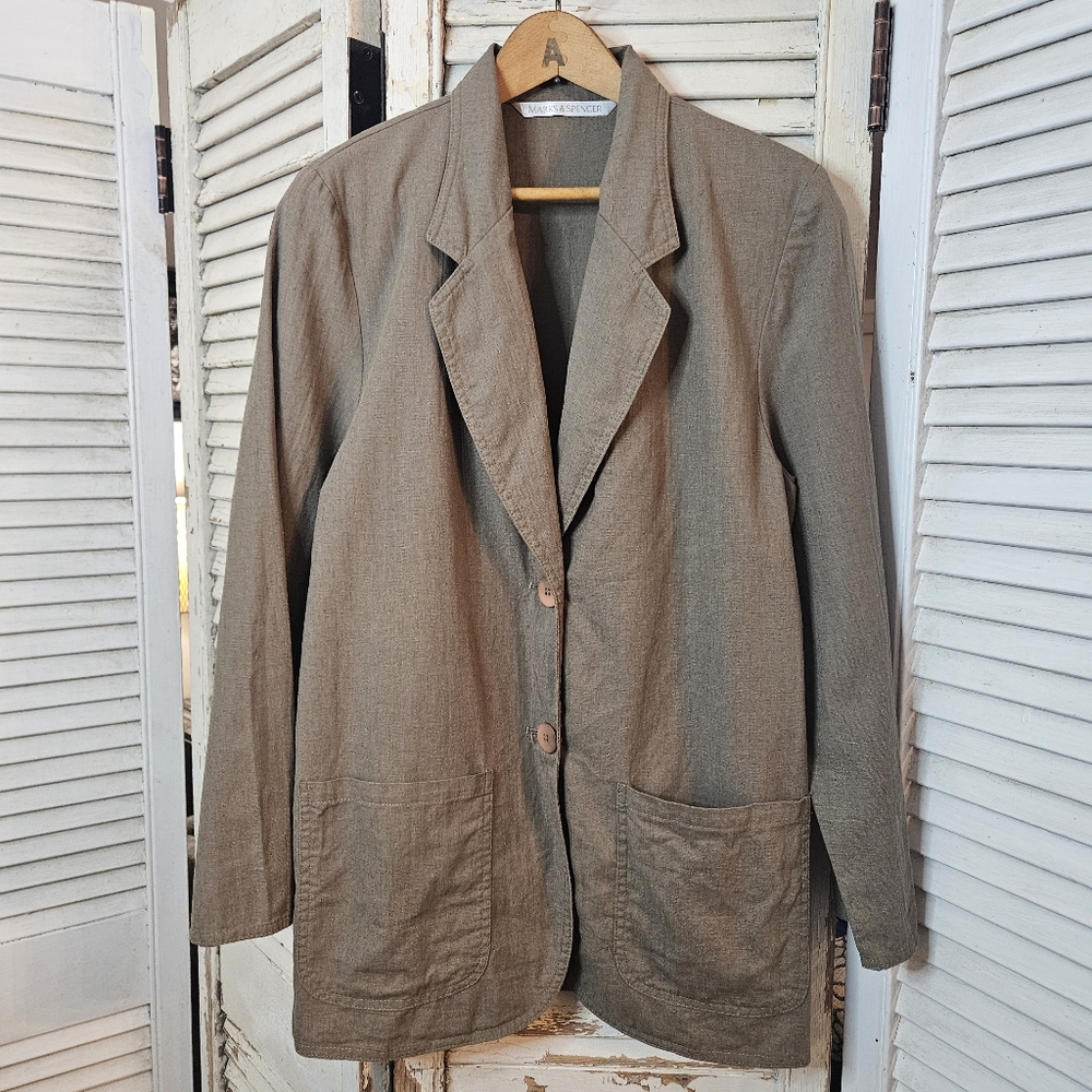Vintage 90s Marks & Spencer Linen Blend Boyfriend Jacket Khaki Green S/M